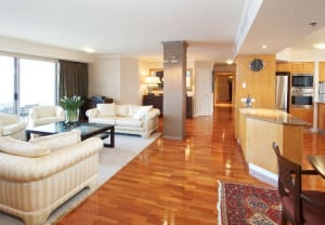 Photo of an opulent Australian lounge and kitchen in prestige home
