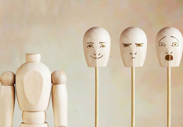 Various human emotions and mood. Abstract image with a wooden puppet